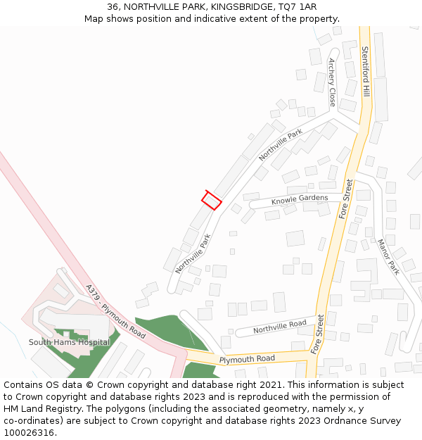 36, NORTHVILLE PARK, KINGSBRIDGE, TQ7 1AR: Location map and indicative extent of plot