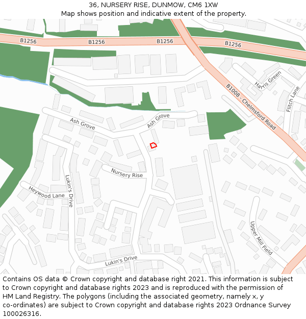 36, NURSERY RISE, DUNMOW, CM6 1XW: Location map and indicative extent of plot