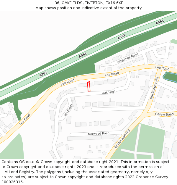 36, OAKFIELDS, TIVERTON, EX16 6XF: Location map and indicative extent of plot