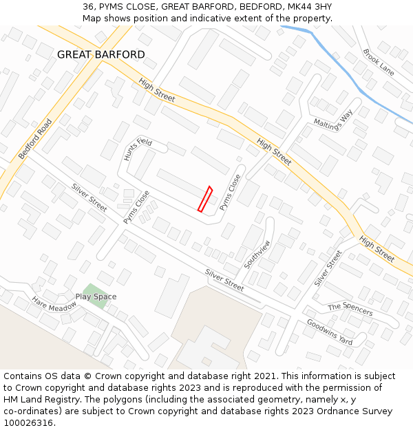 36, PYMS CLOSE, GREAT BARFORD, BEDFORD, MK44 3HY: Location map and indicative extent of plot