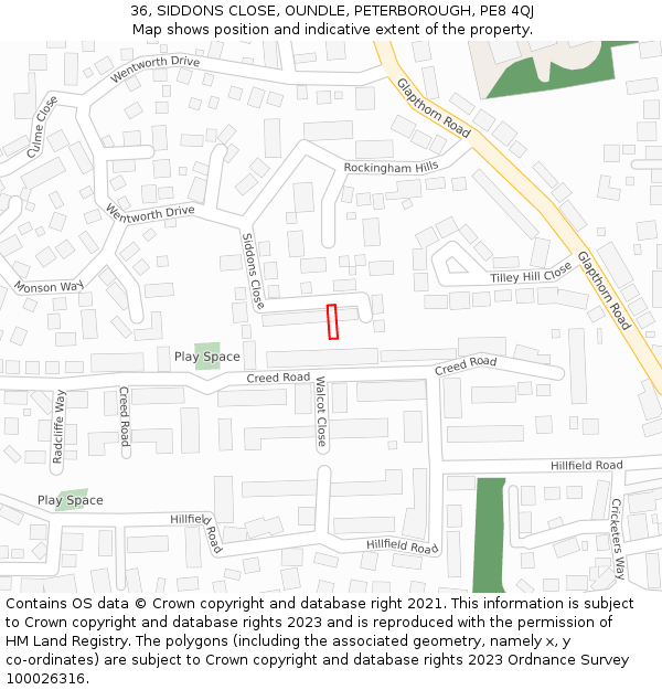 36, SIDDONS CLOSE, OUNDLE, PETERBOROUGH, PE8 4QJ: Location map and indicative extent of plot