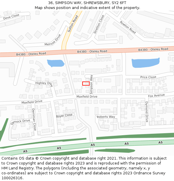 36, SIMPSON WAY, SHREWSBURY, SY2 6FT: Location map and indicative extent of plot