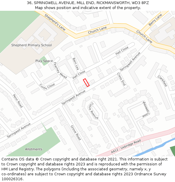 36, SPRINGWELL AVENUE, MILL END, RICKMANSWORTH, WD3 8PZ: Location map and indicative extent of plot