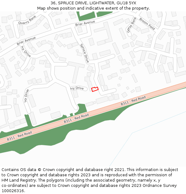 36, SPRUCE DRIVE, LIGHTWATER, GU18 5YX: Location map and indicative extent of plot