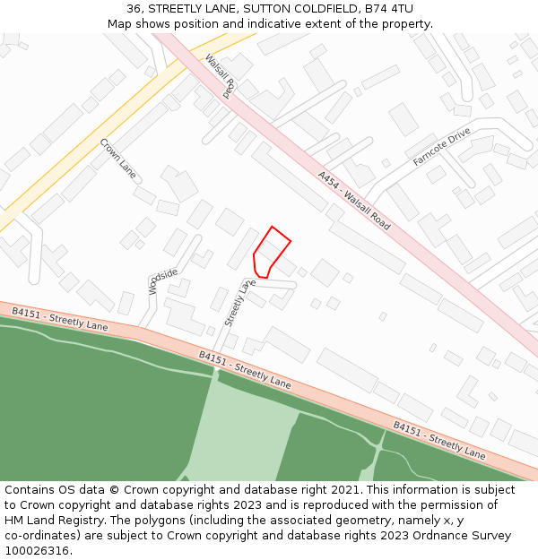 36, STREETLY LANE, SUTTON COLDFIELD, B74 4TU: Location map and indicative extent of plot