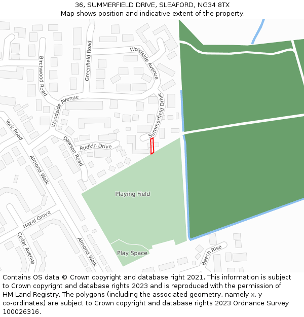 36, SUMMERFIELD DRIVE, SLEAFORD, NG34 8TX: Location map and indicative extent of plot