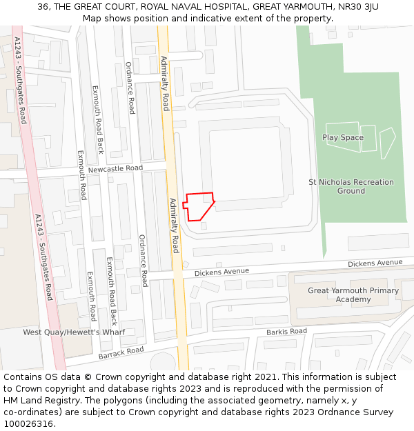 36, THE GREAT COURT, ROYAL NAVAL HOSPITAL, GREAT YARMOUTH, NR30 3JU: Location map and indicative extent of plot