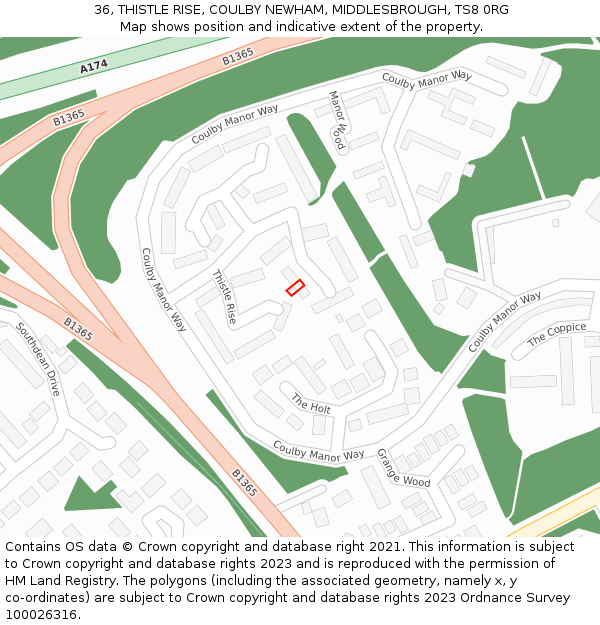 36, THISTLE RISE, COULBY NEWHAM, MIDDLESBROUGH, TS8 0RG: Location map and indicative extent of plot