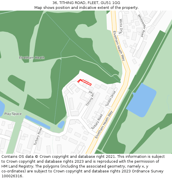 36, TITHING ROAD, FLEET, GU51 1GG: Location map and indicative extent of plot