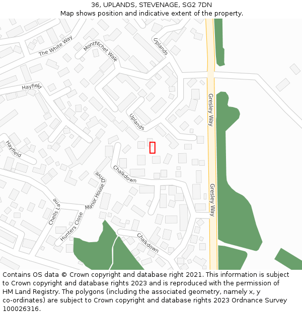 36, UPLANDS, STEVENAGE, SG2 7DN: Location map and indicative extent of plot