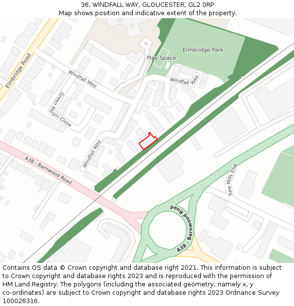 36, WINDFALL WAY, GLOUCESTER, GL2 0RP: Location map and indicative extent of plot