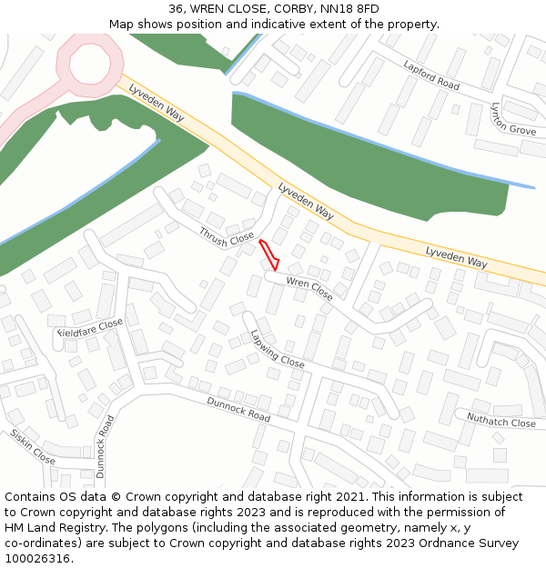 36, WREN CLOSE, CORBY, NN18 8FD: Location map and indicative extent of plot