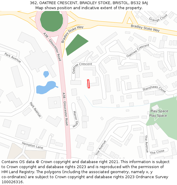 362, OAKTREE CRESCENT, BRADLEY STOKE, BRISTOL, BS32 9AJ: Location map and indicative extent of plot