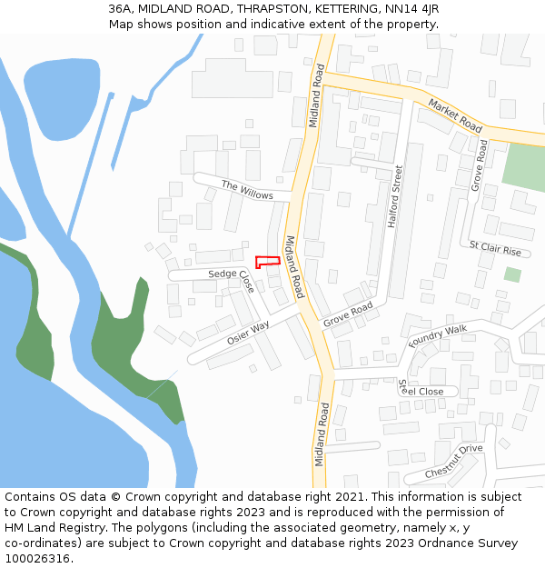 36A, MIDLAND ROAD, THRAPSTON, KETTERING, NN14 4JR: Location map and indicative extent of plot