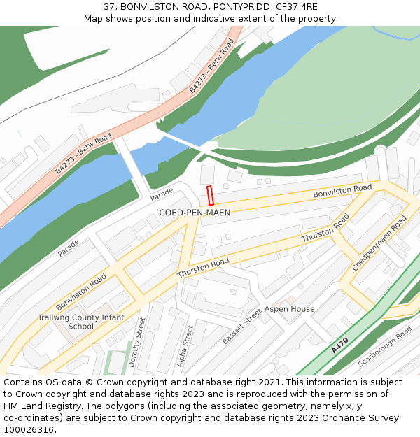 37, BONVILSTON ROAD, PONTYPRIDD, CF37 4RE: Location map and indicative extent of plot
