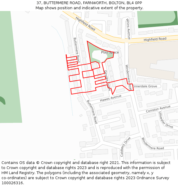 37, BUTTERMERE ROAD, FARNWORTH, BOLTON, BL4 0PP: Location map and indicative extent of plot