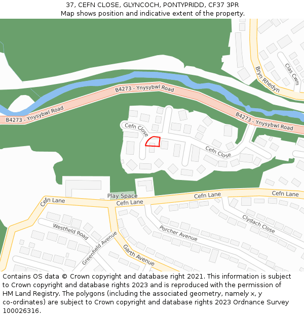 37, CEFN CLOSE, GLYNCOCH, PONTYPRIDD, CF37 3PR: Location map and indicative extent of plot