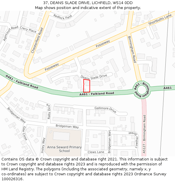 37, DEANS SLADE DRIVE, LICHFIELD, WS14 0DD: Location map and indicative extent of plot