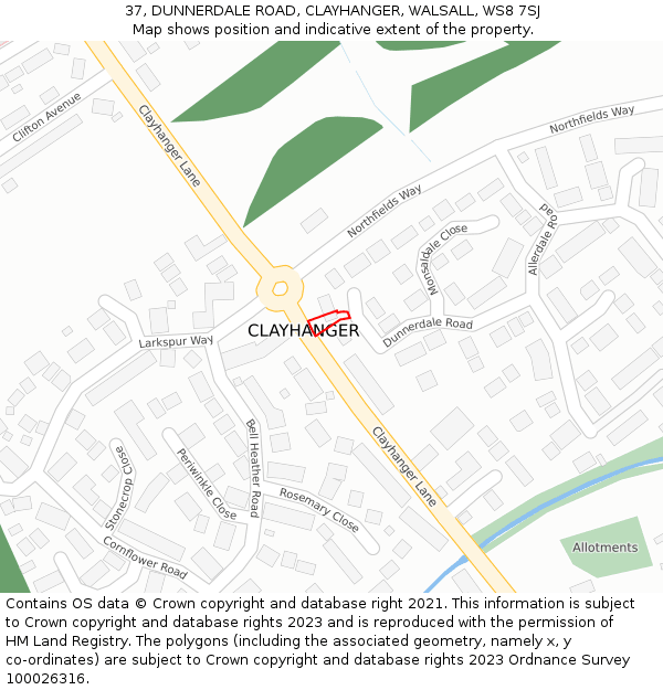 37, DUNNERDALE ROAD, CLAYHANGER, WALSALL, WS8 7SJ: Location map and indicative extent of plot