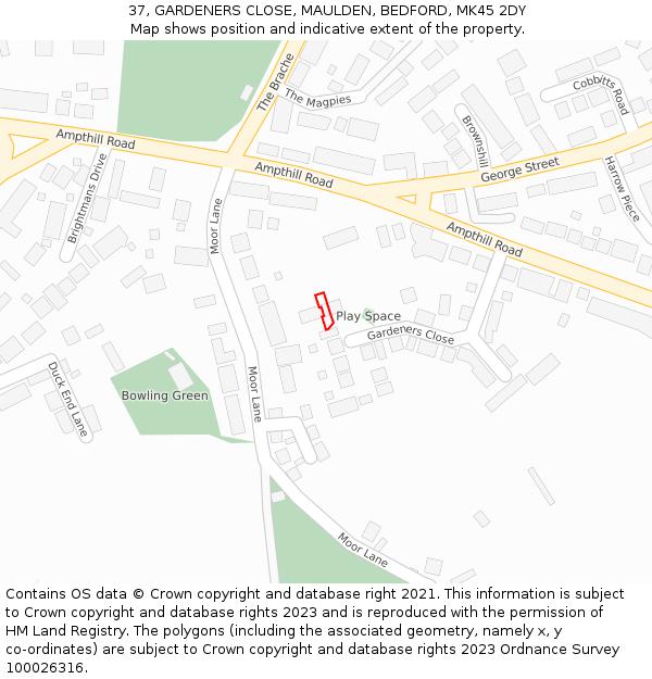37, GARDENERS CLOSE, MAULDEN, BEDFORD, MK45 2DY: Location map and indicative extent of plot