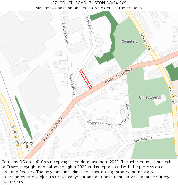 37, GOUGH ROAD, BILSTON, WV14 8XS: Location map and indicative extent of plot
