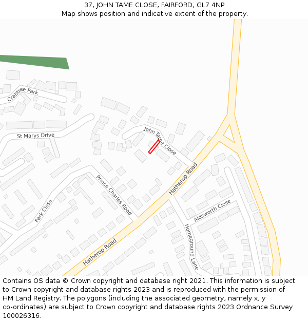 37, JOHN TAME CLOSE, FAIRFORD, GL7 4NP: Location map and indicative extent of plot