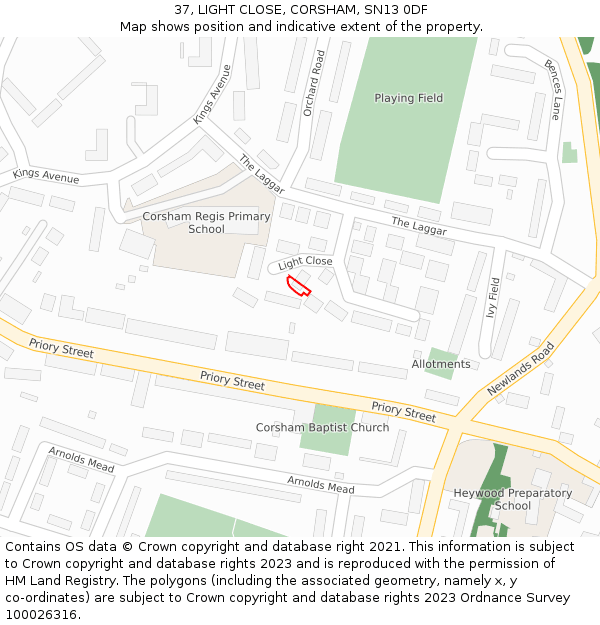 37, LIGHT CLOSE, CORSHAM, SN13 0DF: Location map and indicative extent of plot