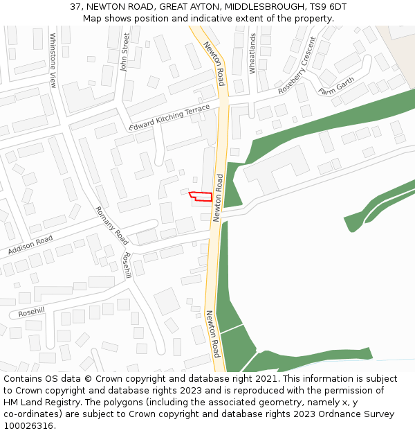 37, NEWTON ROAD, GREAT AYTON, MIDDLESBROUGH, TS9 6DT: Location map and indicative extent of plot