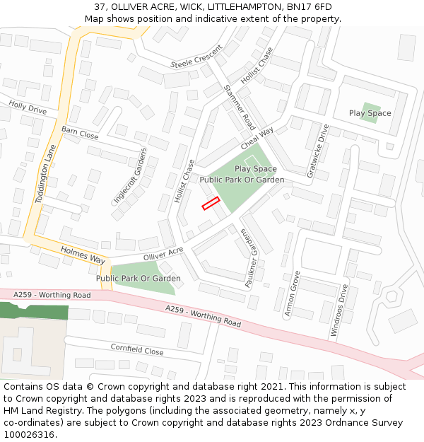 37, OLLIVER ACRE, WICK, LITTLEHAMPTON, BN17 6FD: Location map and indicative extent of plot