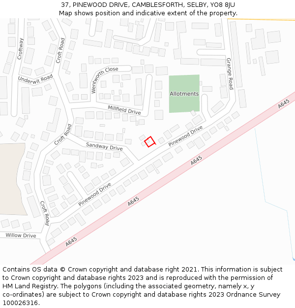 37, PINEWOOD DRIVE, CAMBLESFORTH, SELBY, YO8 8JU: Location map and indicative extent of plot