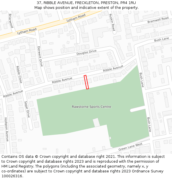 37, RIBBLE AVENUE, FRECKLETON, PRESTON, PR4 1RU: Location map and indicative extent of plot