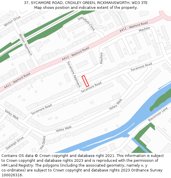 37, SYCAMORE ROAD, CROXLEY GREEN, RICKMANSWORTH, WD3 3TE: Location map and indicative extent of plot