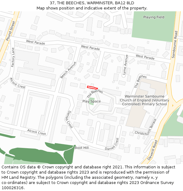 37, THE BEECHES, WARMINSTER, BA12 8LD: Location map and indicative extent of plot
