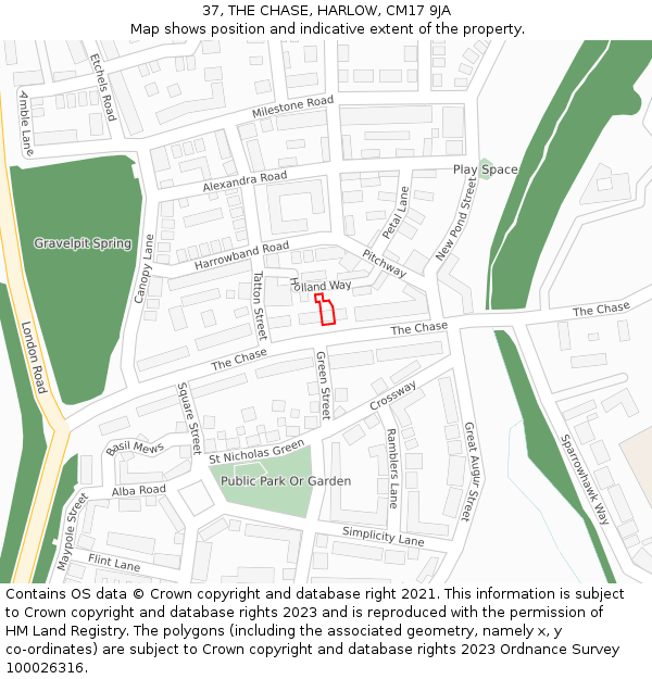 37, THE CHASE, HARLOW, CM17 9JA: Location map and indicative extent of plot