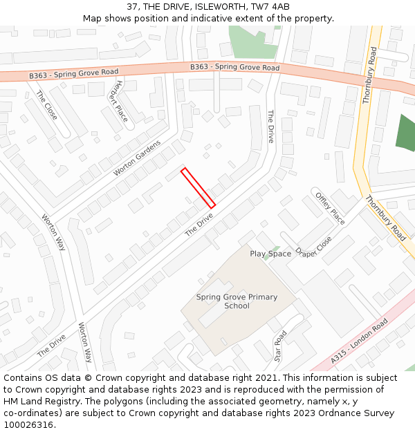 37, THE DRIVE, ISLEWORTH, TW7 4AB: Location map and indicative extent of plot
