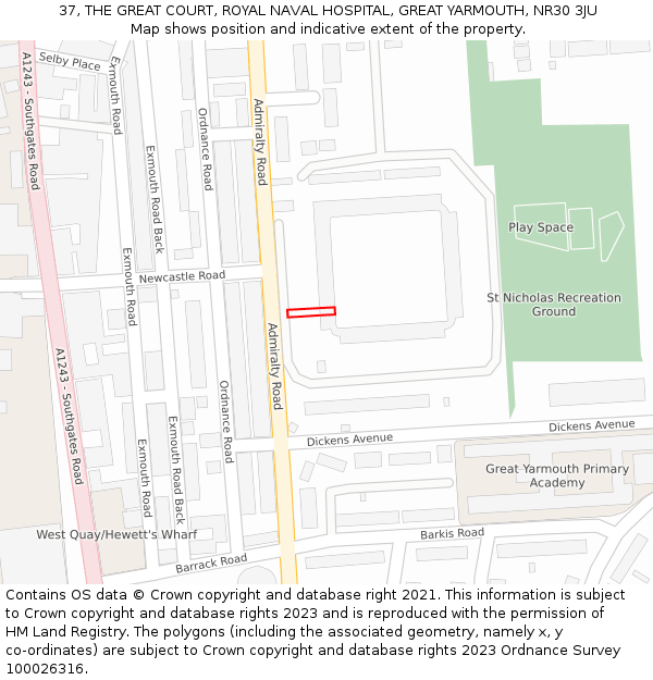 37, THE GREAT COURT, ROYAL NAVAL HOSPITAL, GREAT YARMOUTH, NR30 3JU: Location map and indicative extent of plot