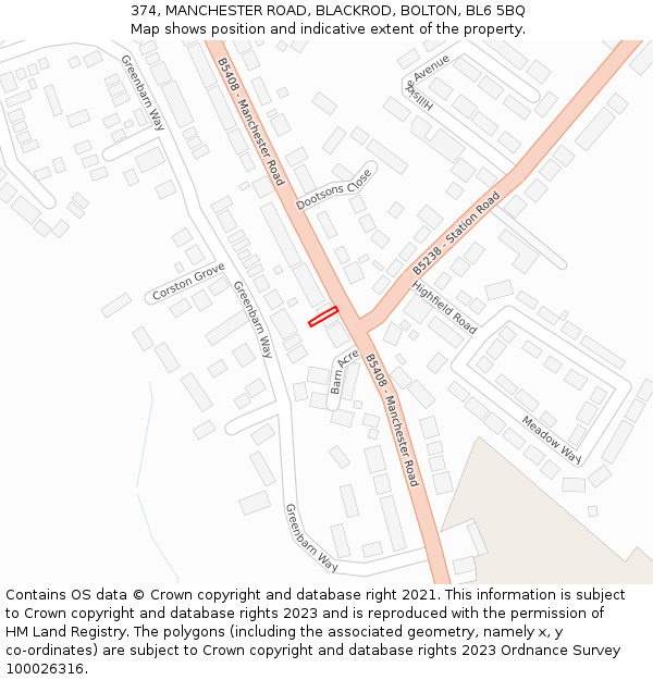 374, MANCHESTER ROAD, BLACKROD, BOLTON, BL6 5BQ: Location map and indicative extent of plot