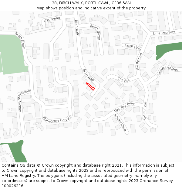 38, BIRCH WALK, PORTHCAWL, CF36 5AN: Location map and indicative extent of plot