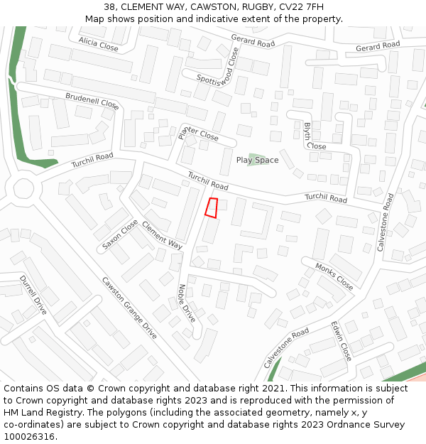 38, CLEMENT WAY, CAWSTON, RUGBY, CV22 7FH: Location map and indicative extent of plot