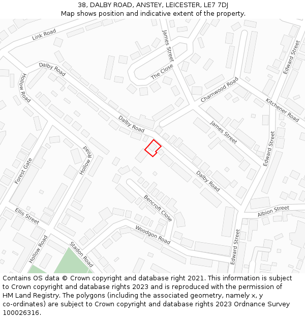 38, DALBY ROAD, ANSTEY, LEICESTER, LE7 7DJ: Location map and indicative extent of plot
