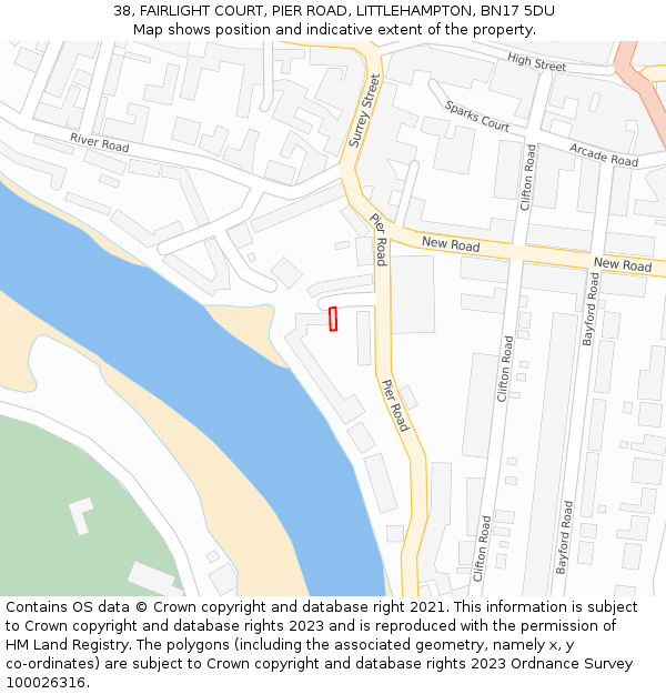 38, FAIRLIGHT COURT, PIER ROAD, LITTLEHAMPTON, BN17 5DU: Location map and indicative extent of plot