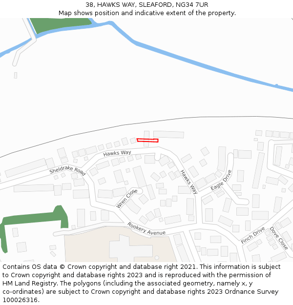 38, HAWKS WAY, SLEAFORD, NG34 7UR: Location map and indicative extent of plot
