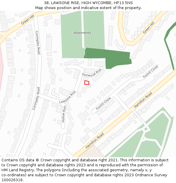 38, LAWSONE RISE, HIGH WYCOMBE, HP13 5NS: Location map and indicative extent of plot