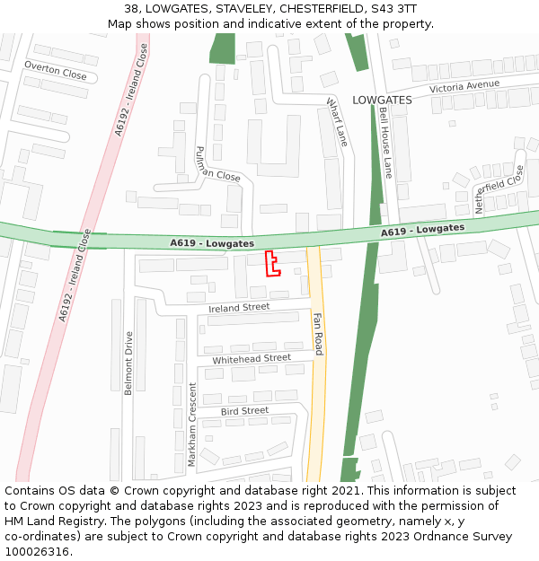 38, LOWGATES, STAVELEY, CHESTERFIELD, S43 3TT: Location map and indicative extent of plot