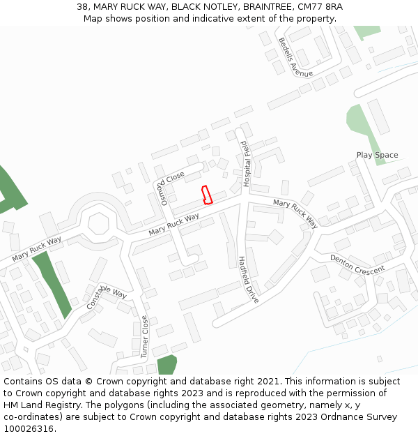 38, MARY RUCK WAY, BLACK NOTLEY, BRAINTREE, CM77 8RA: Location map and indicative extent of plot