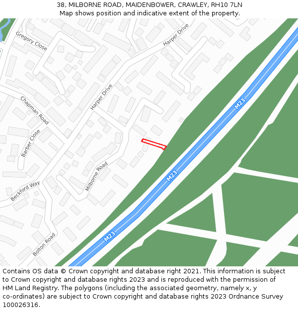 38, MILBORNE ROAD, MAIDENBOWER, CRAWLEY, RH10 7LN: Location map and indicative extent of plot