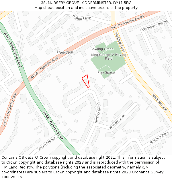 38, NURSERY GROVE, KIDDERMINSTER, DY11 5BG: Location map and indicative extent of plot