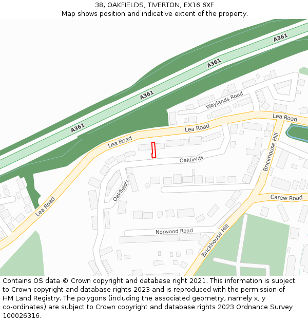 38, OAKFIELDS, TIVERTON, EX16 6XF: Location map and indicative extent of plot
