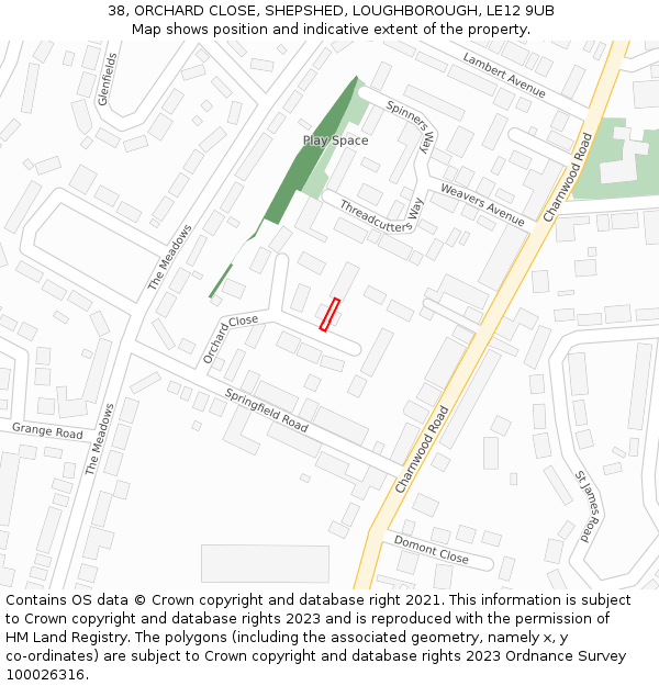 38, ORCHARD CLOSE, SHEPSHED, LOUGHBOROUGH, LE12 9UB: Location map and indicative extent of plot