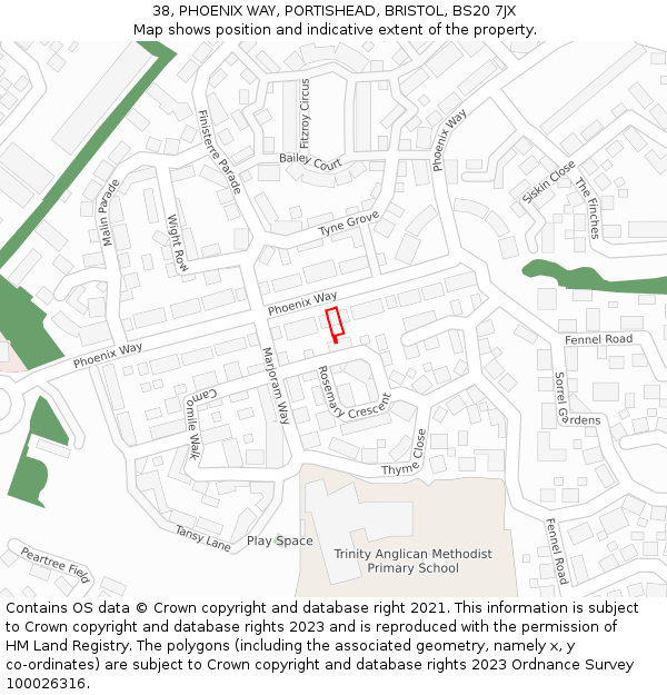 38, PHOENIX WAY, PORTISHEAD, BRISTOL, BS20 7JX: Location map and indicative extent of plot